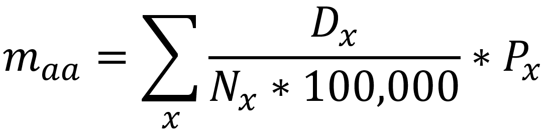 m_aa = SUM (D_x * P_x / (N_x * 100,000))